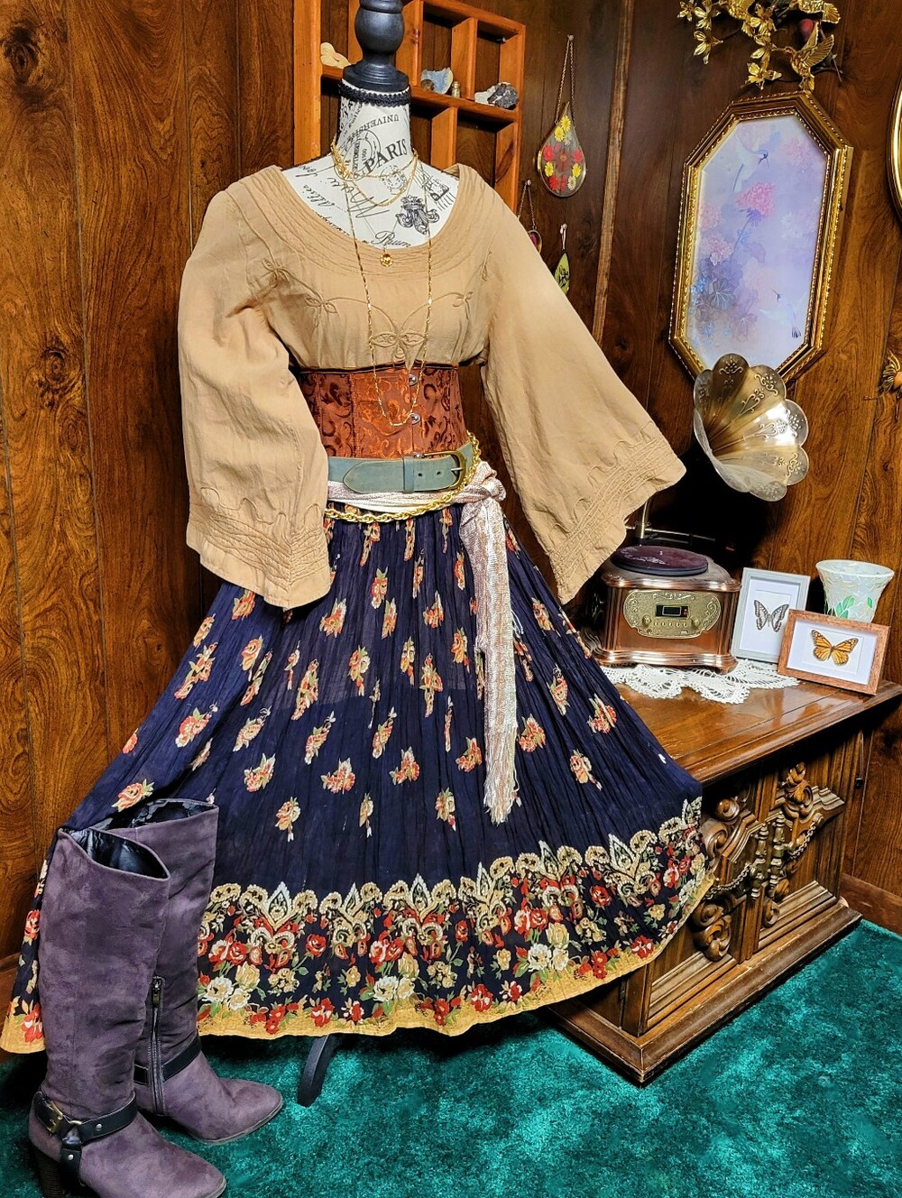 Beige Elven Embroidered Bell Sleeve Blouse Fantasy Renaissance DnD Larp Boho